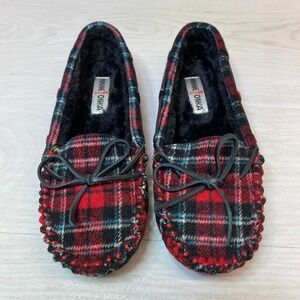 Minnetonka Womens 11 Moccasin Slippers Cally Red Black Plaid Wool Faux Fur 4415